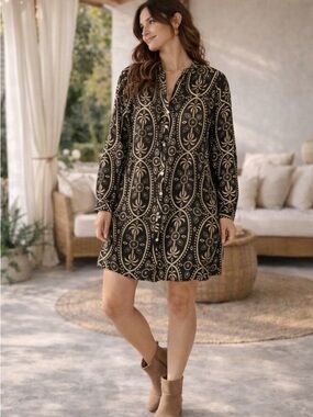 Haute Hippie Black and Cream Medallion Long-Sleeve Shift Dress